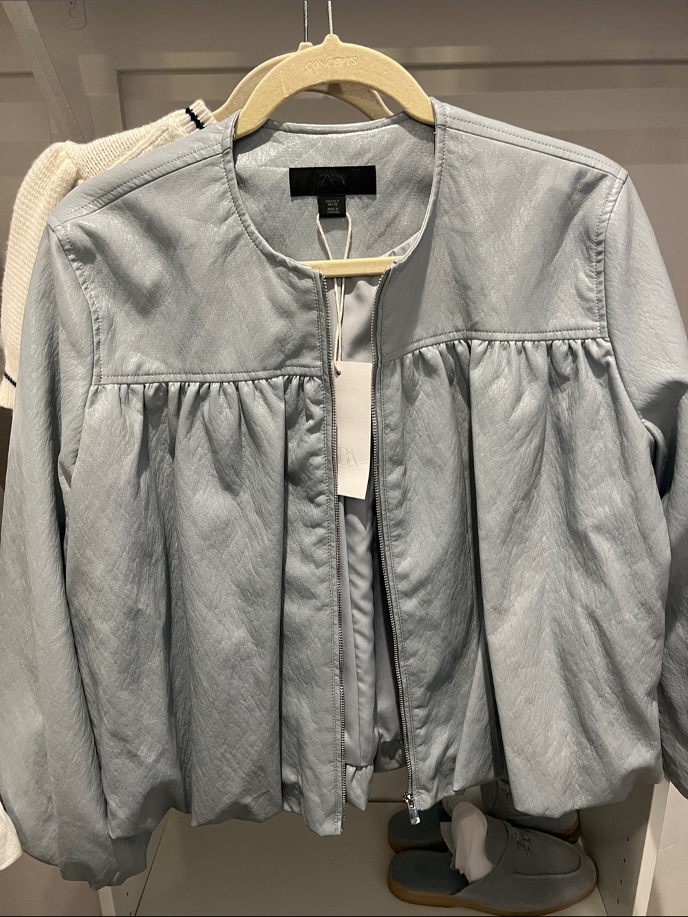 Zara Light Blue Women's Leather Jacket with Gathered Yoke